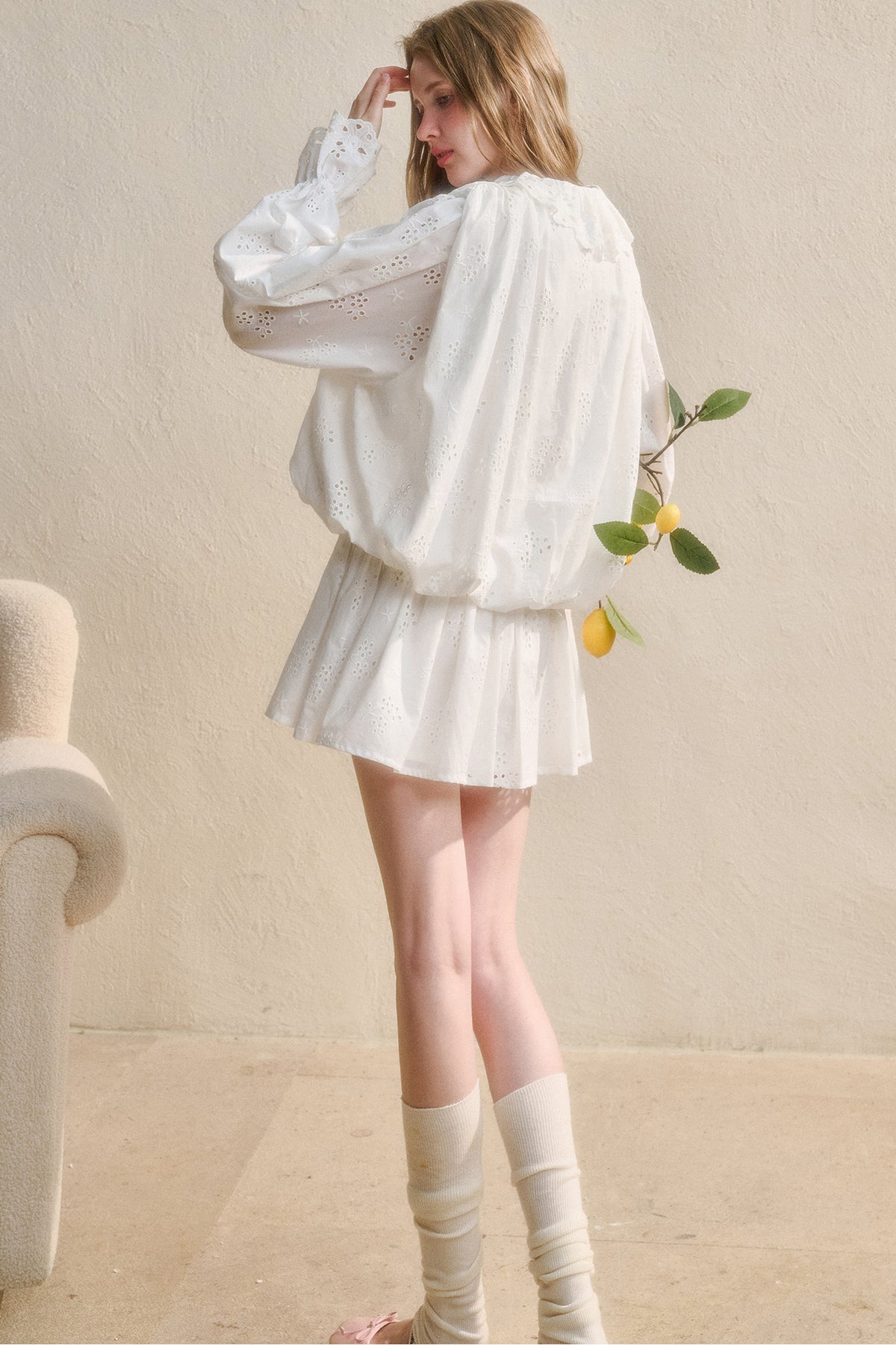 Long-Sleeved Cotton Embroidered Shirt Dress