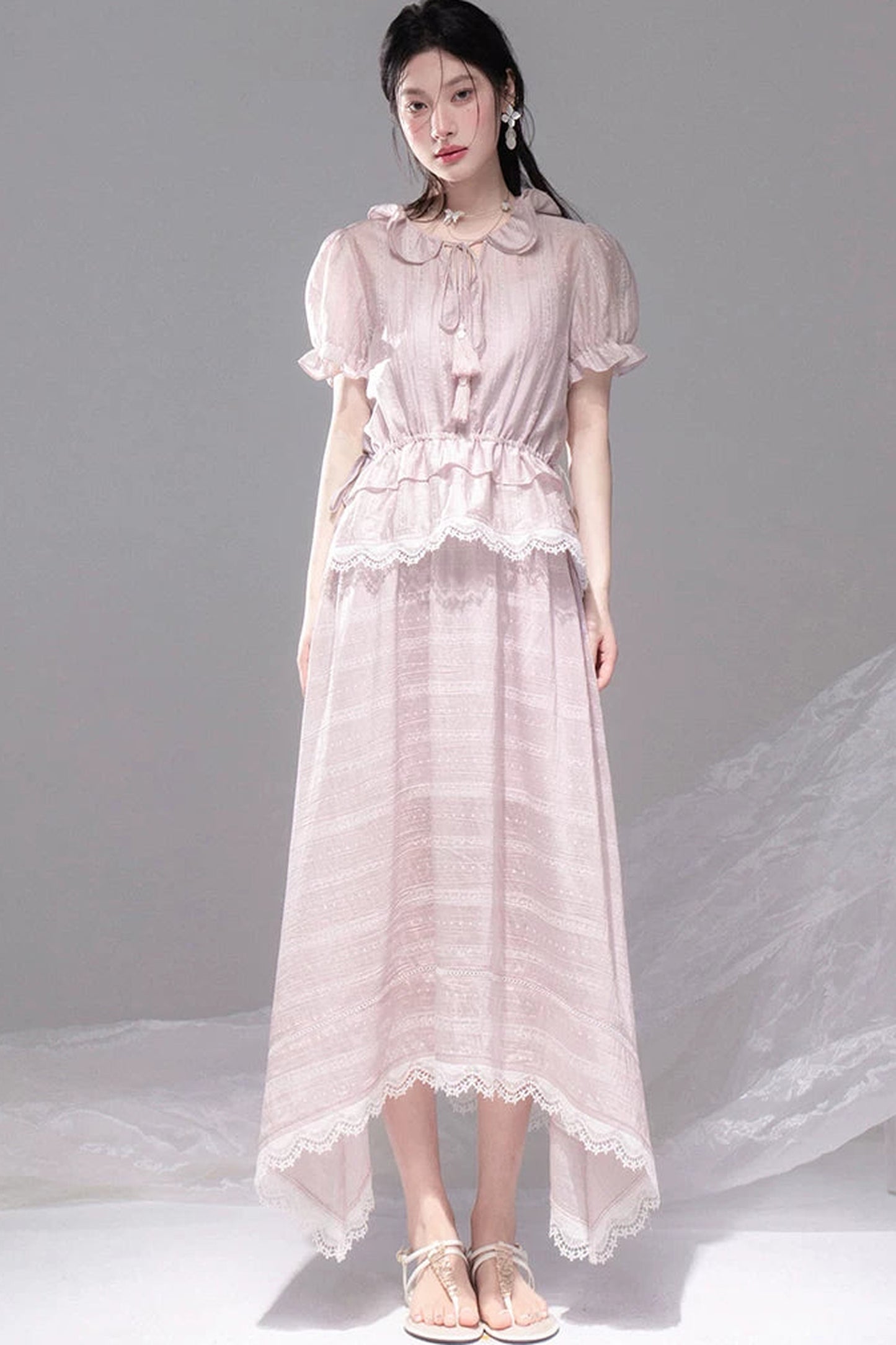 Romantic Sicily Lyocell Ruffle Collar Blouse Set-Up