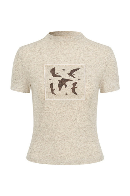 T-Shirt mit Vogelprint und Leinenstruktur