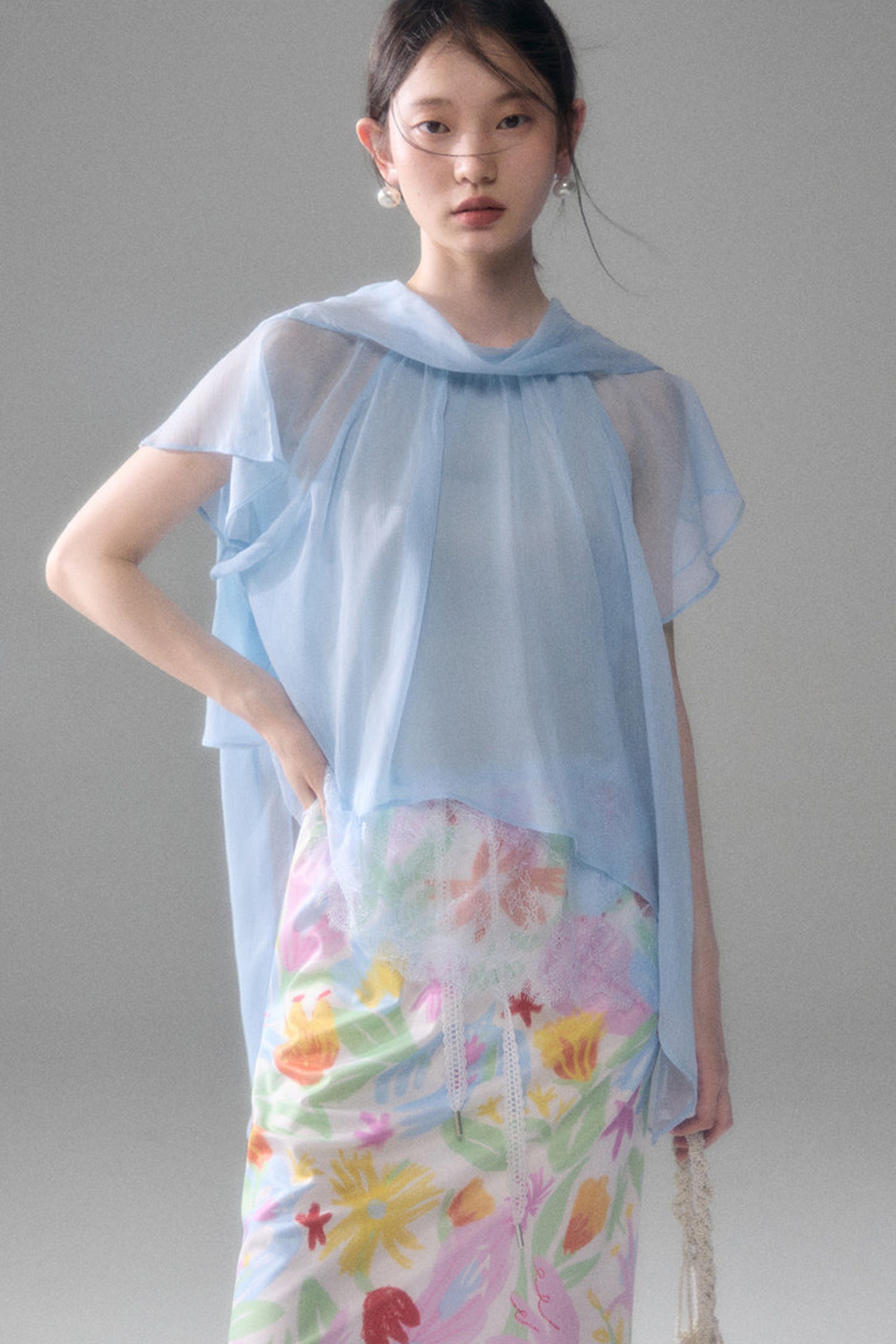 Sheer Blue Lace Ribbon Short Sleeve Top