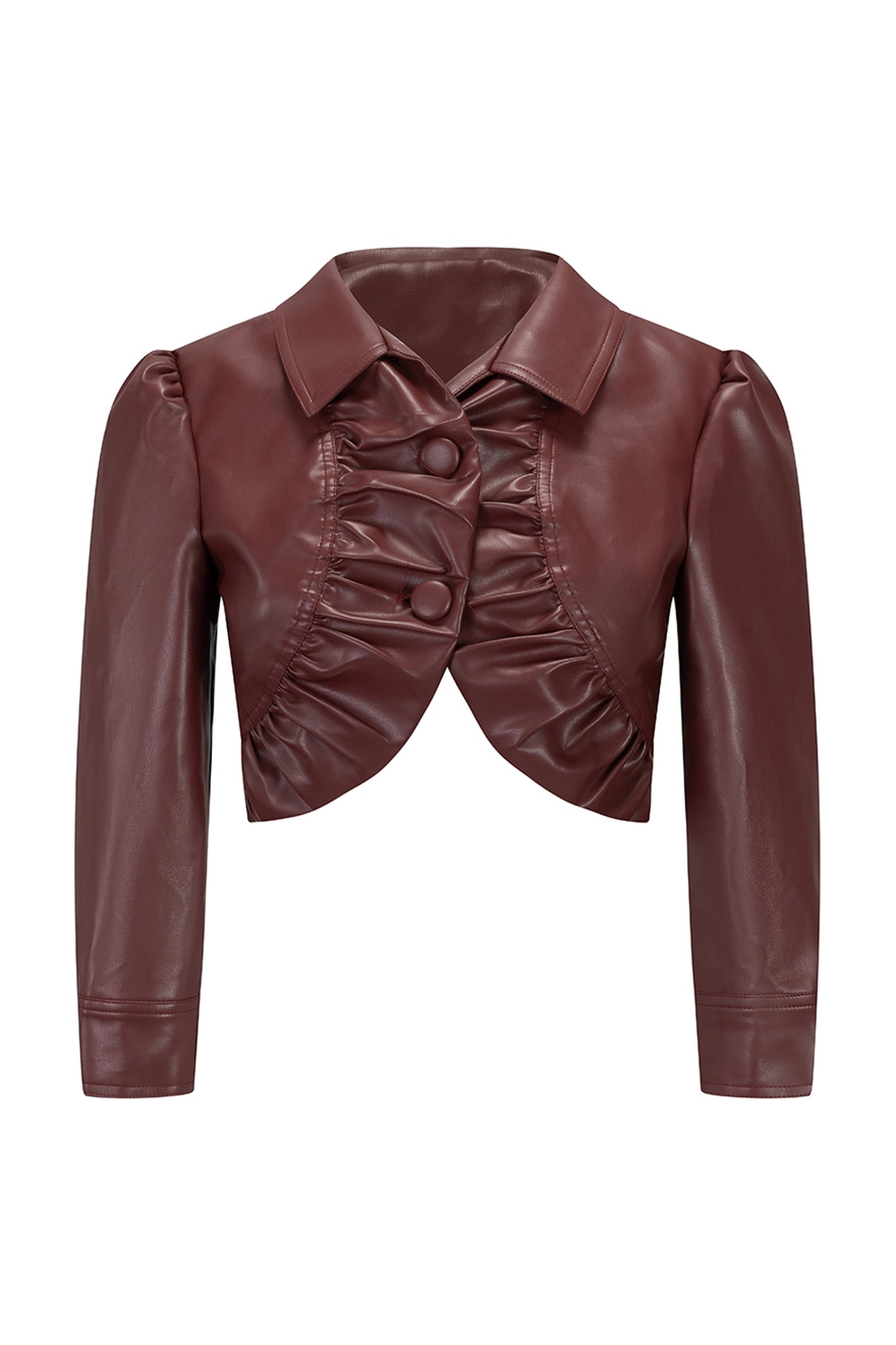 Completo con giacca in pelle bordeaux e abito in acetato color pesca