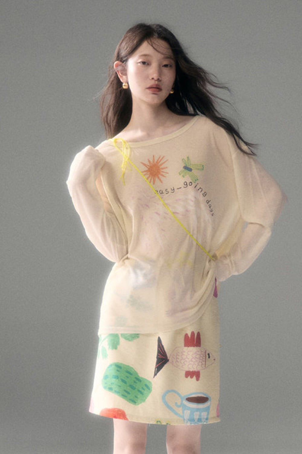 Long-Sleeve Fruit Vegetable Dog Print T-Shirt Set-Up