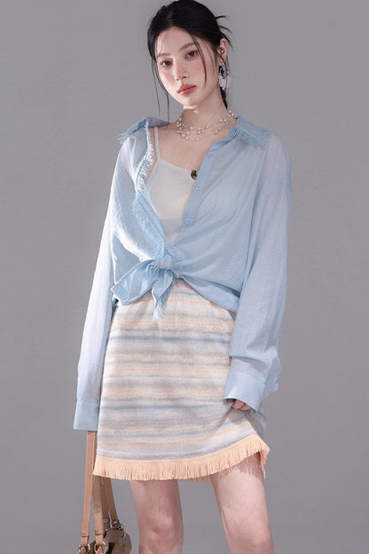 Star Mist Blue Tassel Lace Blouse