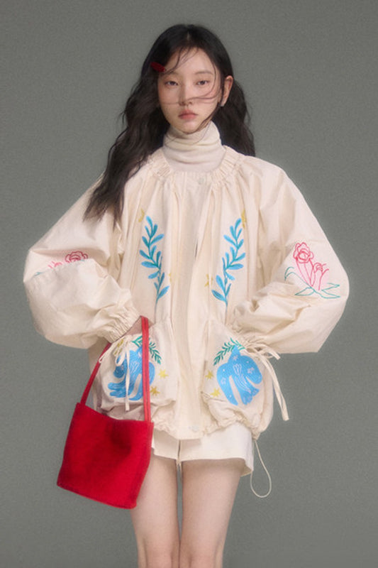 Loose Birds Olive Floral Embroidered Drawstring Jacket