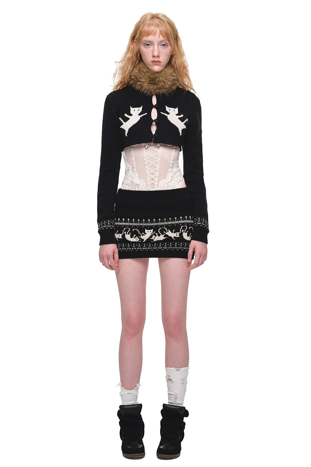 Fair-Isle-Jacquard-Set aus Katzen-Pullover, Strickjacke und Rock