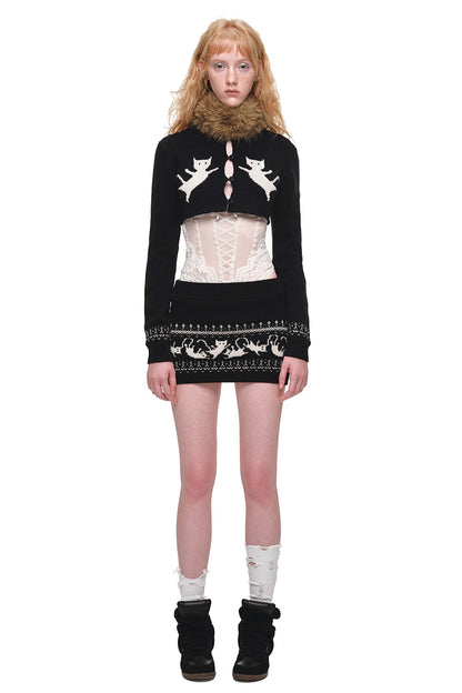 Fair-Isle-Jacquard-Set aus Katzen-Pullover, Strickjacke und Rock