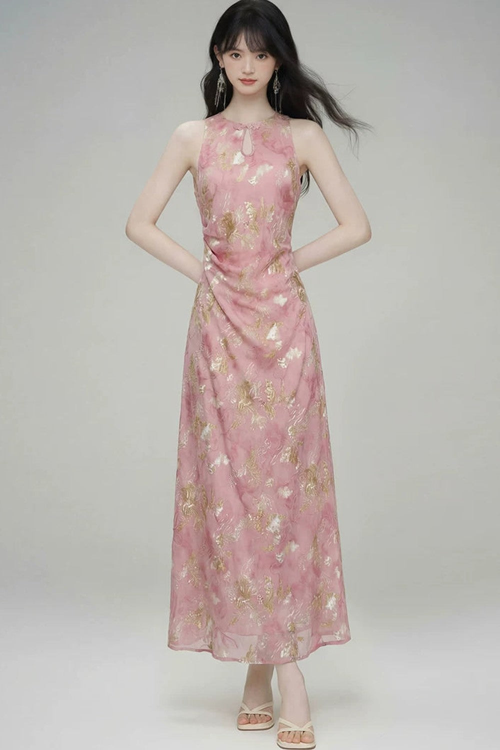 New Chinese Gold Jacquard Dress