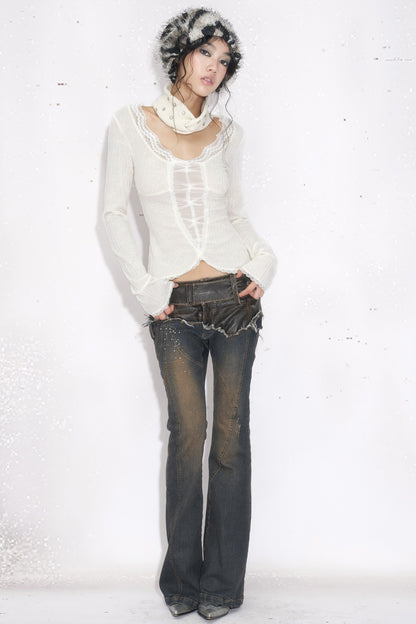White Long-Sleeved Lace Knit Top