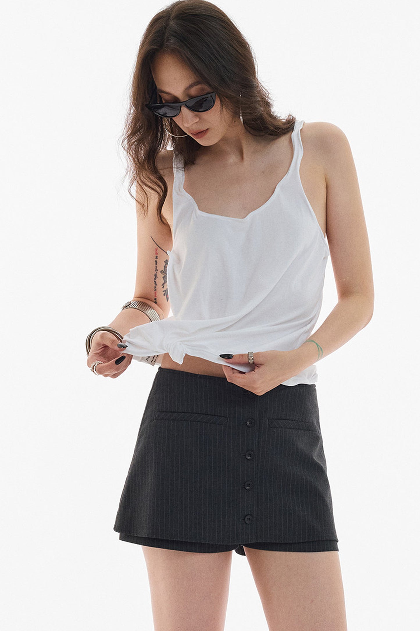 Gray White Striped Button Front Skirt