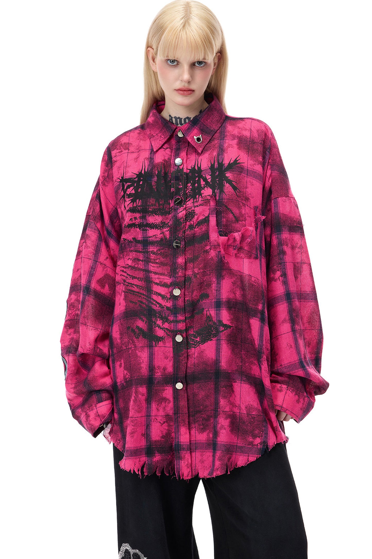 Distressed Pink Plaid Blouse