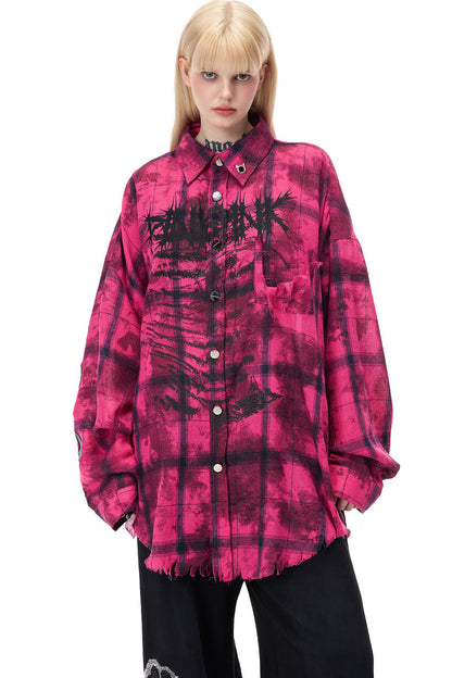 Distressed Pink Plaid Blouse