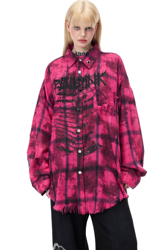 Distressed Pink Plaid Blouse