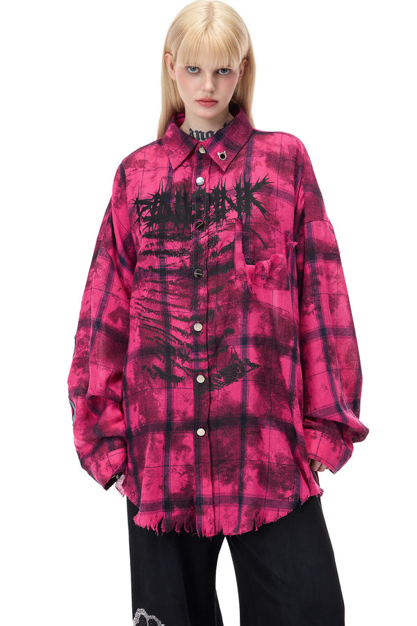 Distressed Pink Plaid Blouse