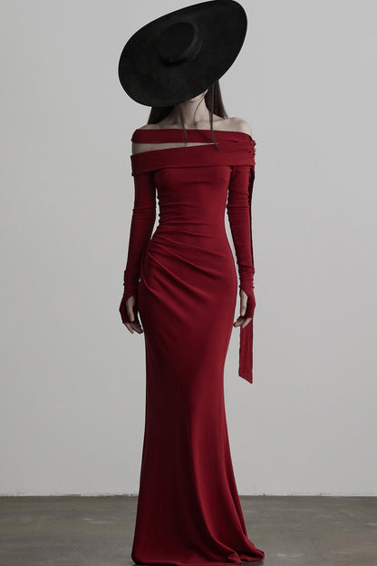 French Off-Shoulder Knitted Long-Sleeve Dress