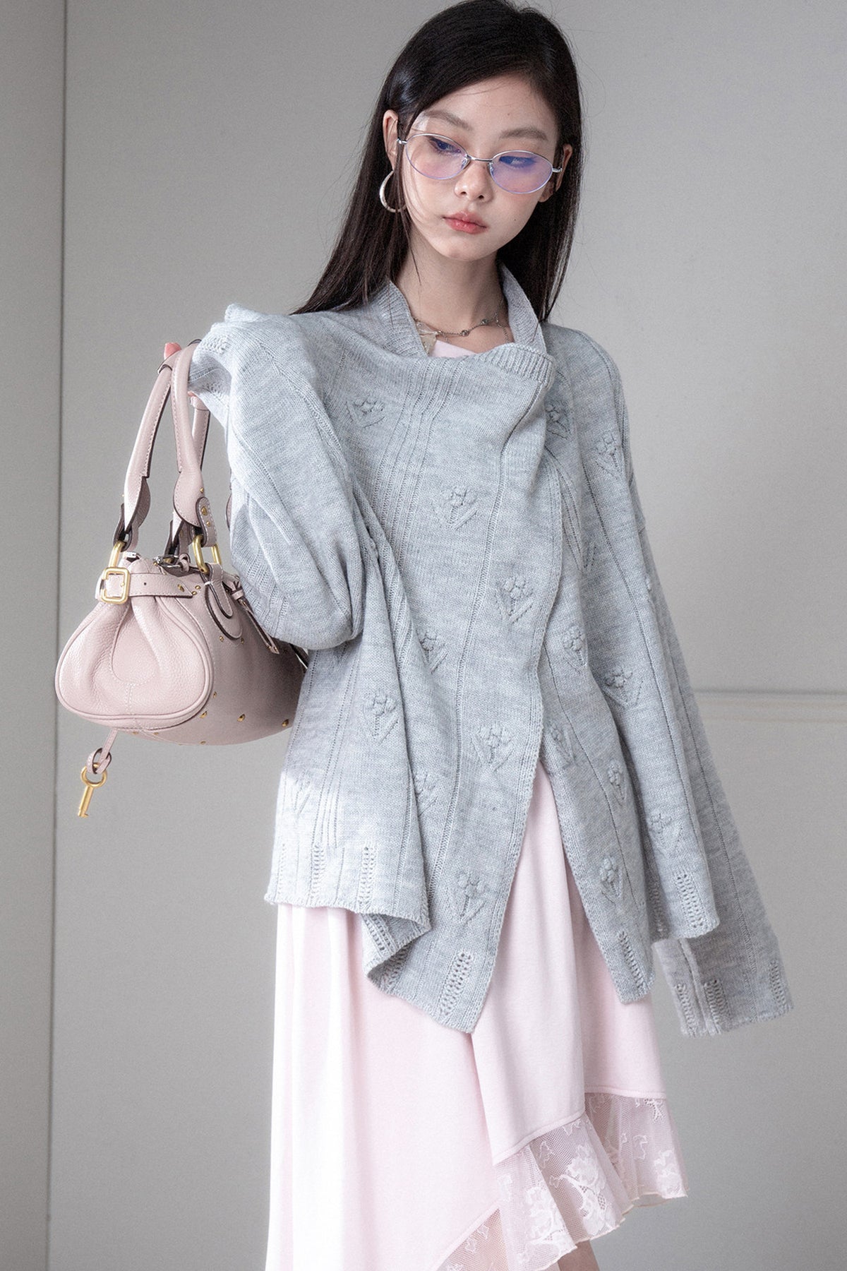 Warm Gray 3D Floral Wrap Cardigan