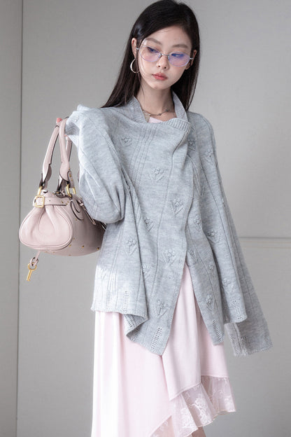 Warm Gray 3D Floral Wrap Cardigan