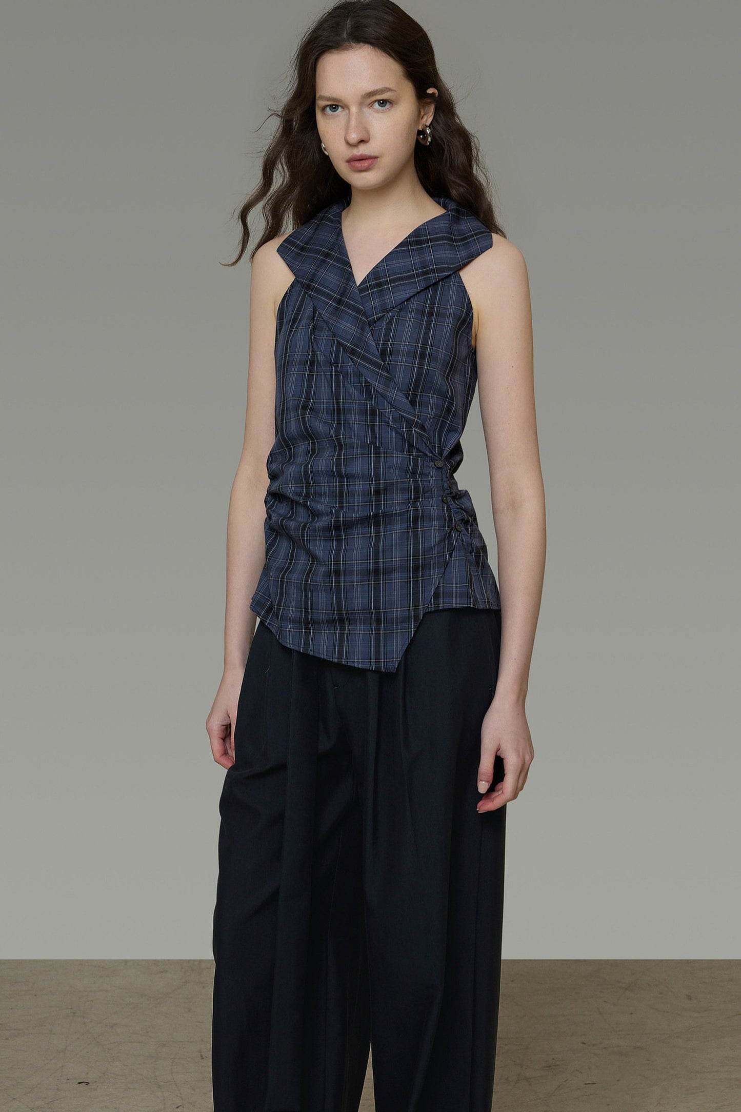 Navy Plaid Pleated Top