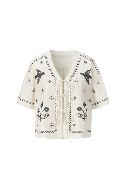 Bird Embroidered Cotton Linen Cardigan And Shorts Set-Up