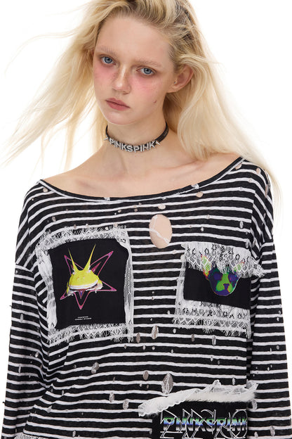 Rock Frog Striped Lace Trim T-Shirt