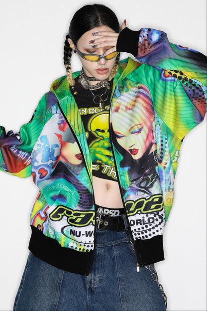 Y2K Alien Rave Print Hooded Jacket