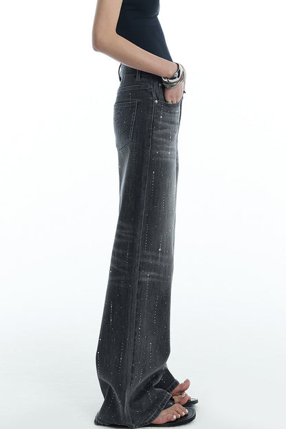 Scattered Rhinestone Wide-Leg Jeans