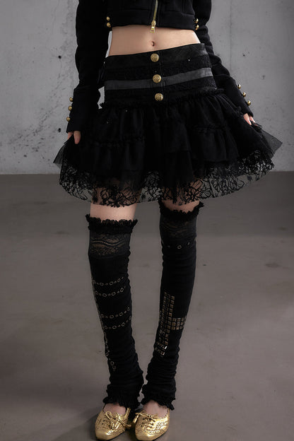 Lace Patchwork Pleated Multi-Layered Puffy Skirt