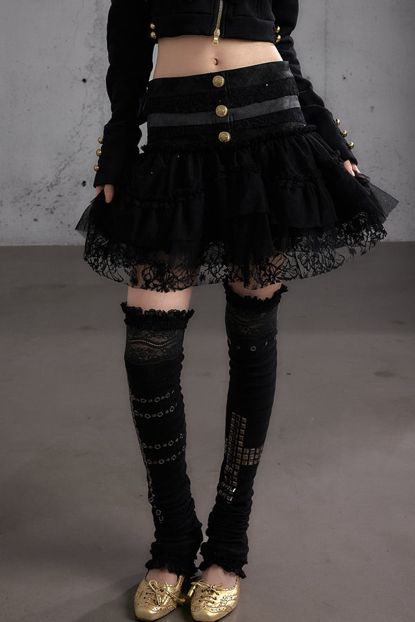 Lace Patchwork Pleated Multi-Layered Puffy Skirt