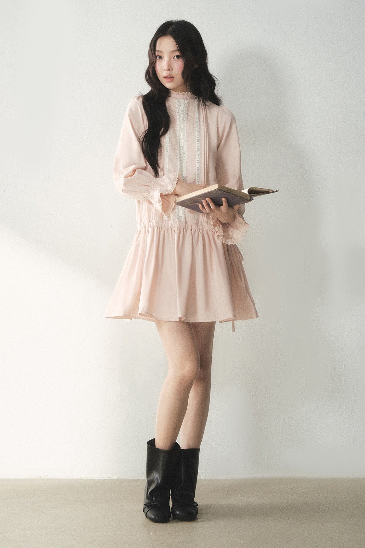 Lace High Collar Ruffle Dress