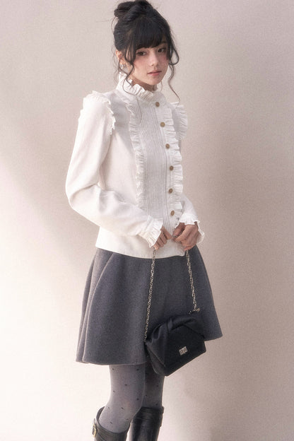 Pleated Lace Ruffle Asymmetrical Long-Sleeved Shirt