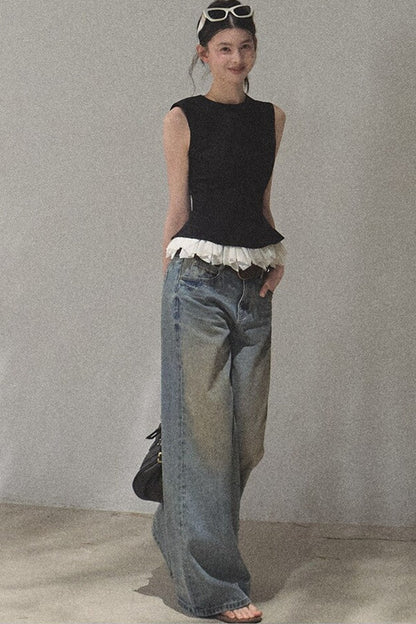 Vintage Hand-Painted Wide Leg Jeans Set