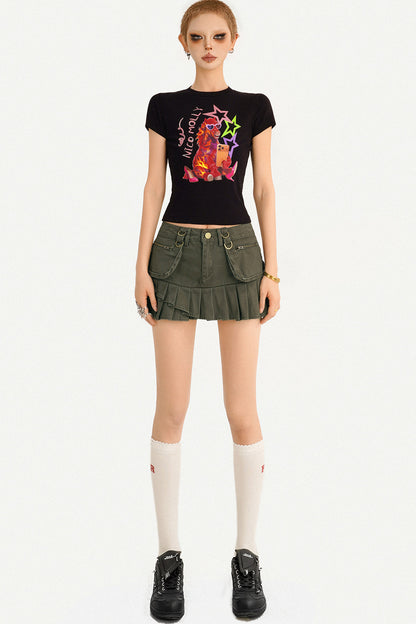 Cartoon Print Black Crop Top