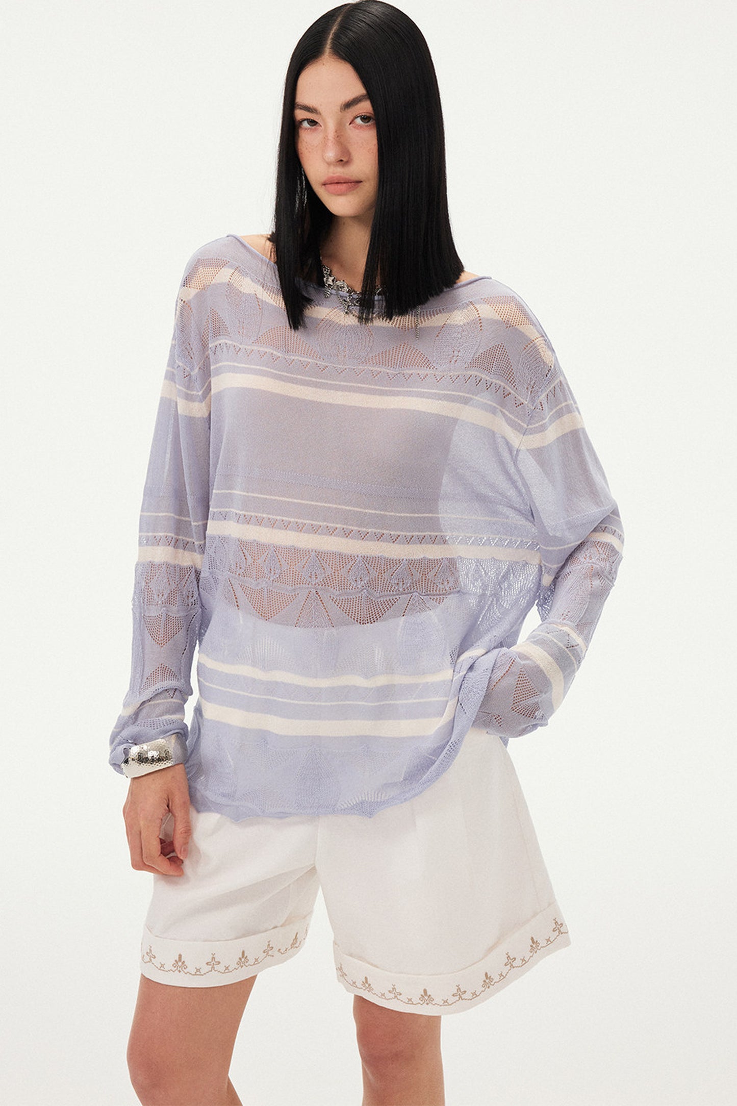Pink Knit Hollow-Out Crochet-Style Pullover Top