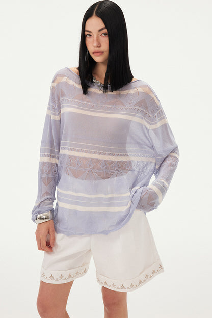 Pink Knit Hollow-Out Crochet-Style Pullover Top