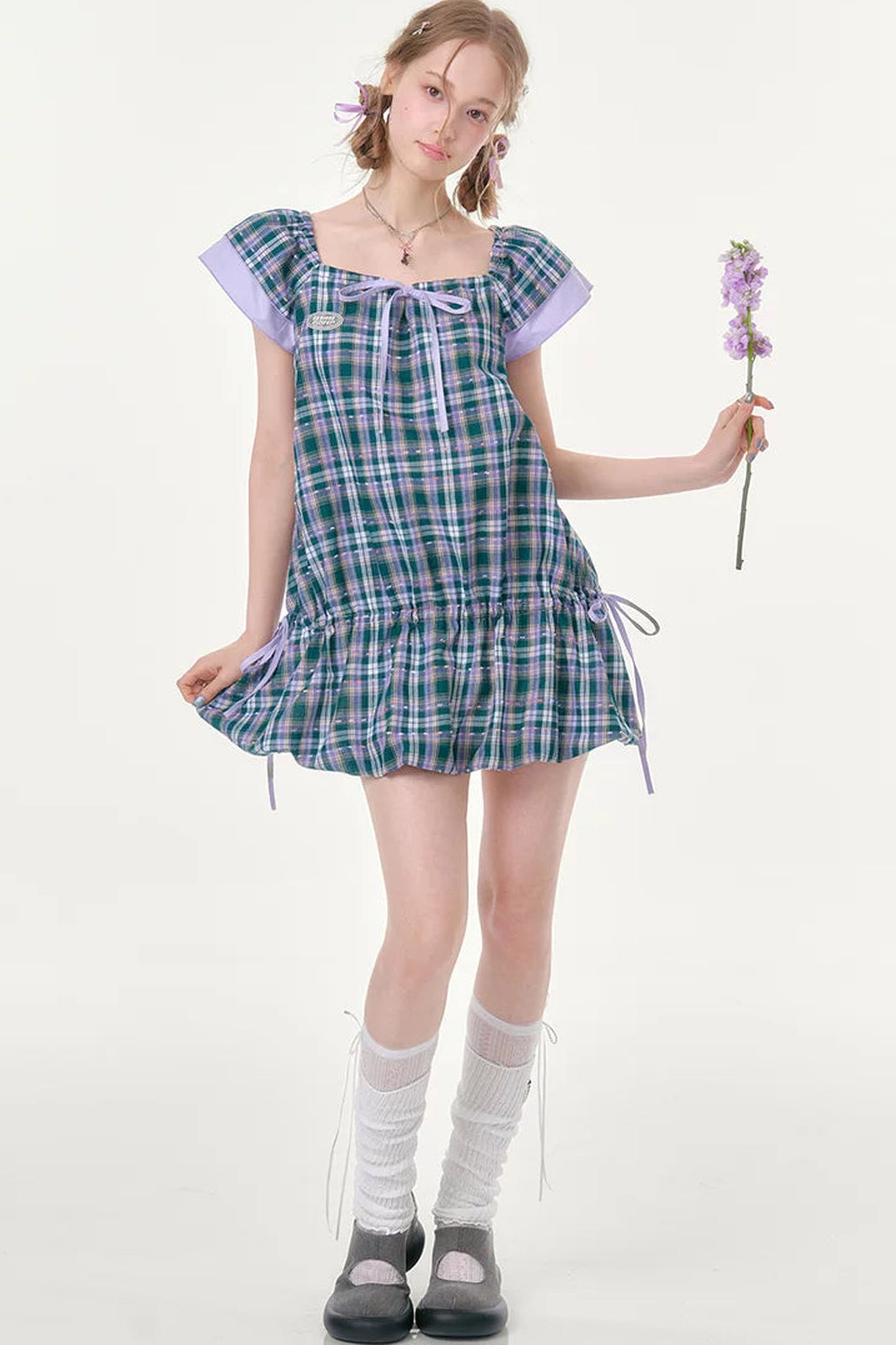 Purple Plaid Flutter Dress