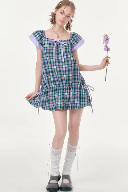 Purple Plaid Flutter Dress