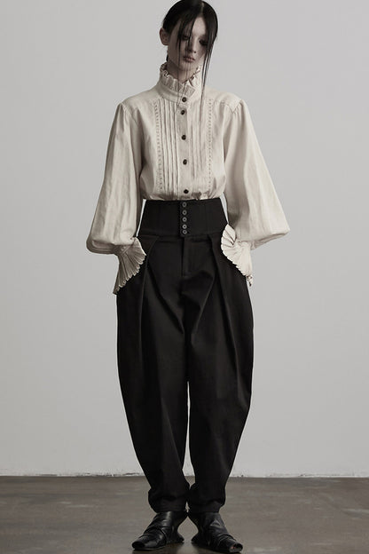 Pleated Cotton Linen Stand-Up Collar Shirt