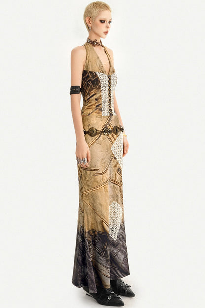 Wasteland Patchwork Lace Halter Top and Skirt Set-Up