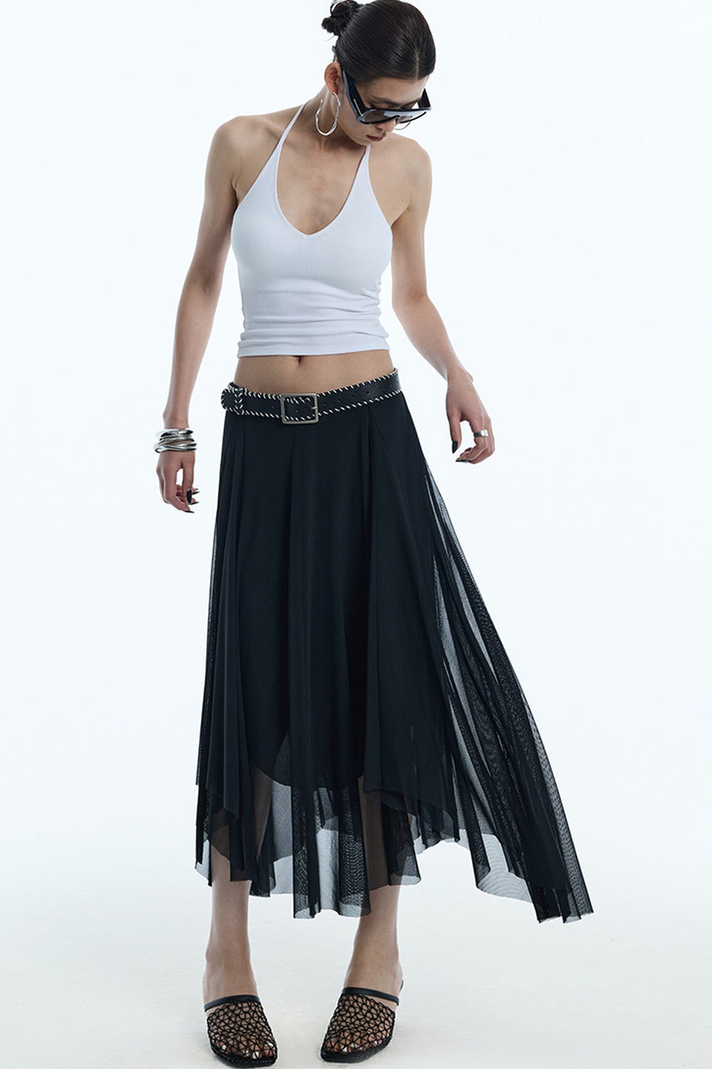 Asymmetrical Hem Mesh Skirt