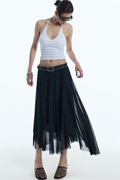 Asymmetrical Hem Mesh Skirt