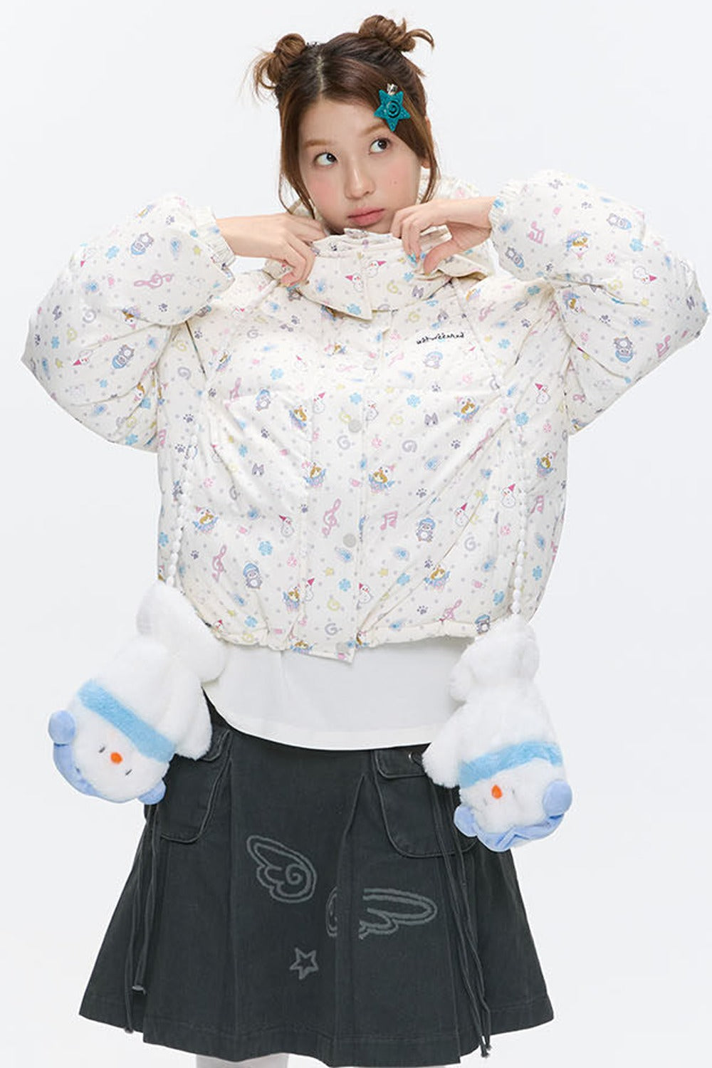 Beige Full Print Hooded Down Jacket