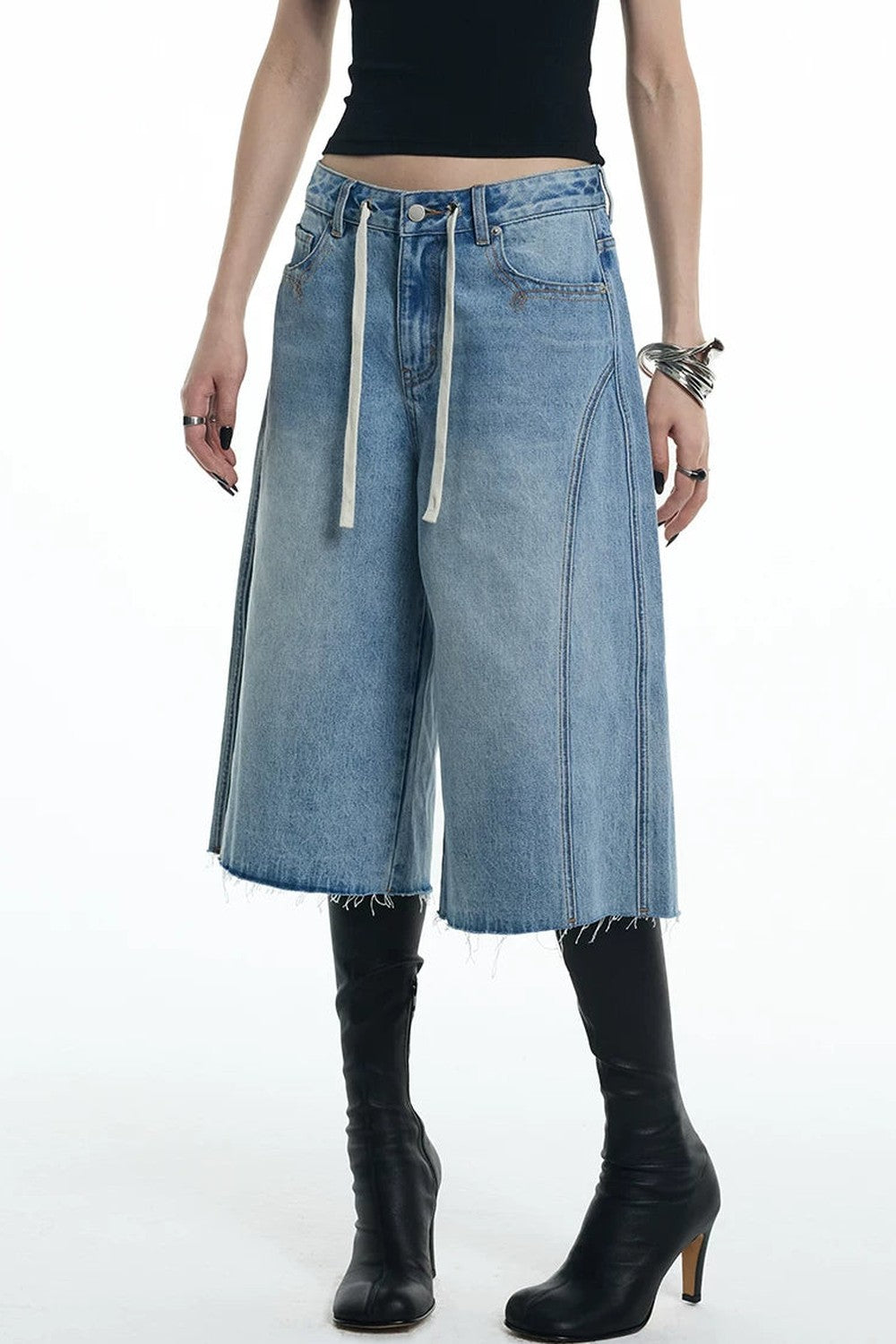 Embroidered Denim Mid-Length Pants