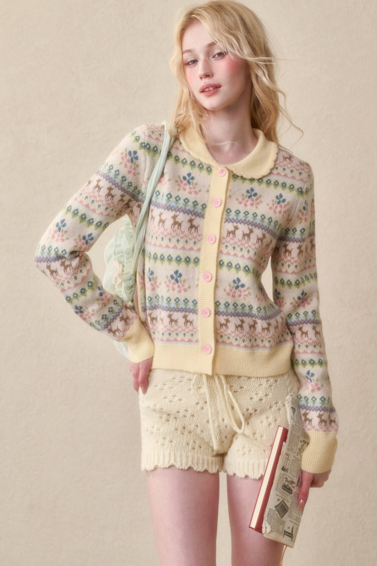 Reindeer Fair Isle Lace Trim Cardigan Top