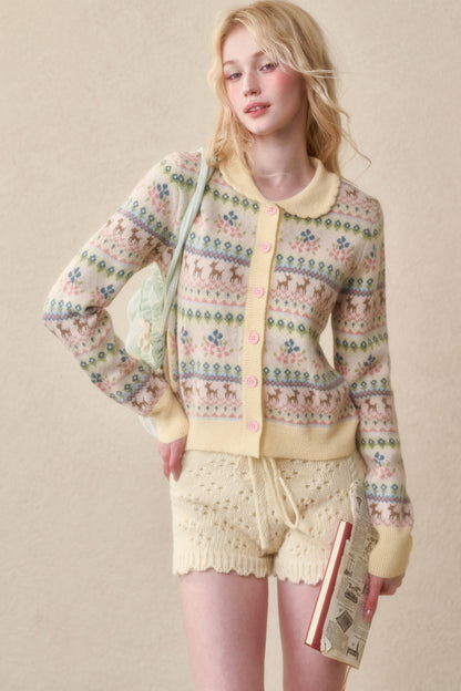 Reindeer Fair Isle Lace Trim Cardigan Top