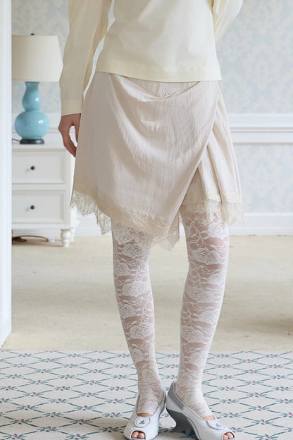 Asymmetrical Pleated A-Line Lace Trim Skirt