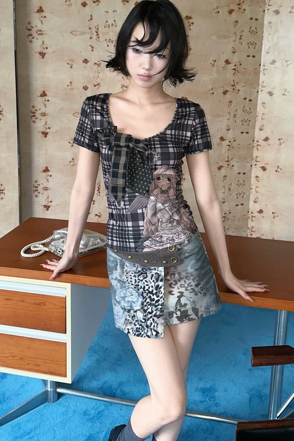 Vintage Leopard Floral Stud Short Skirt