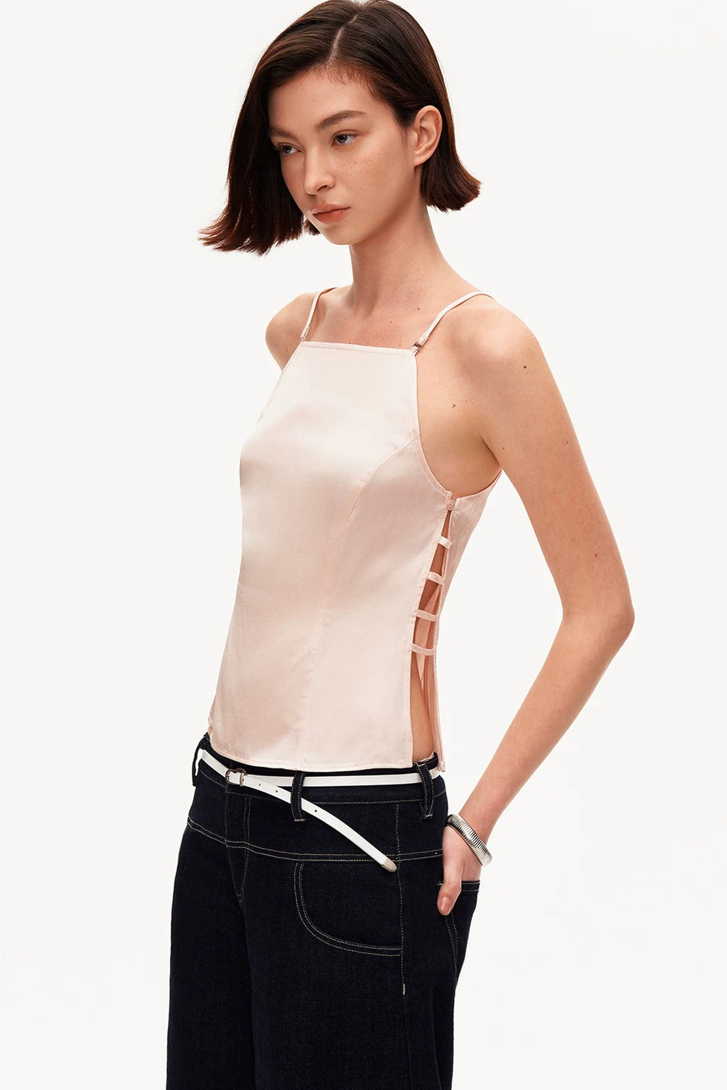 Pink Satin Hollow-Out Tank Top
