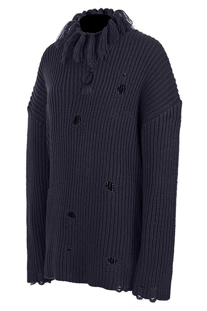Tassel Turtleneck Ripped Oversized Sweater