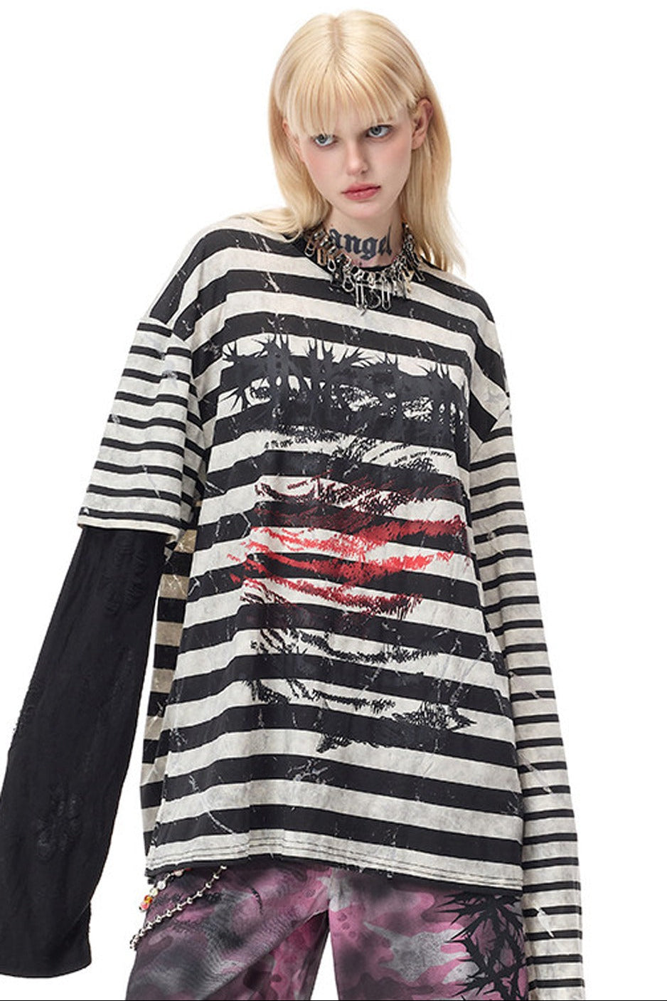 Punk Burnt Floral Cut-Out Striped Raglan Blouse