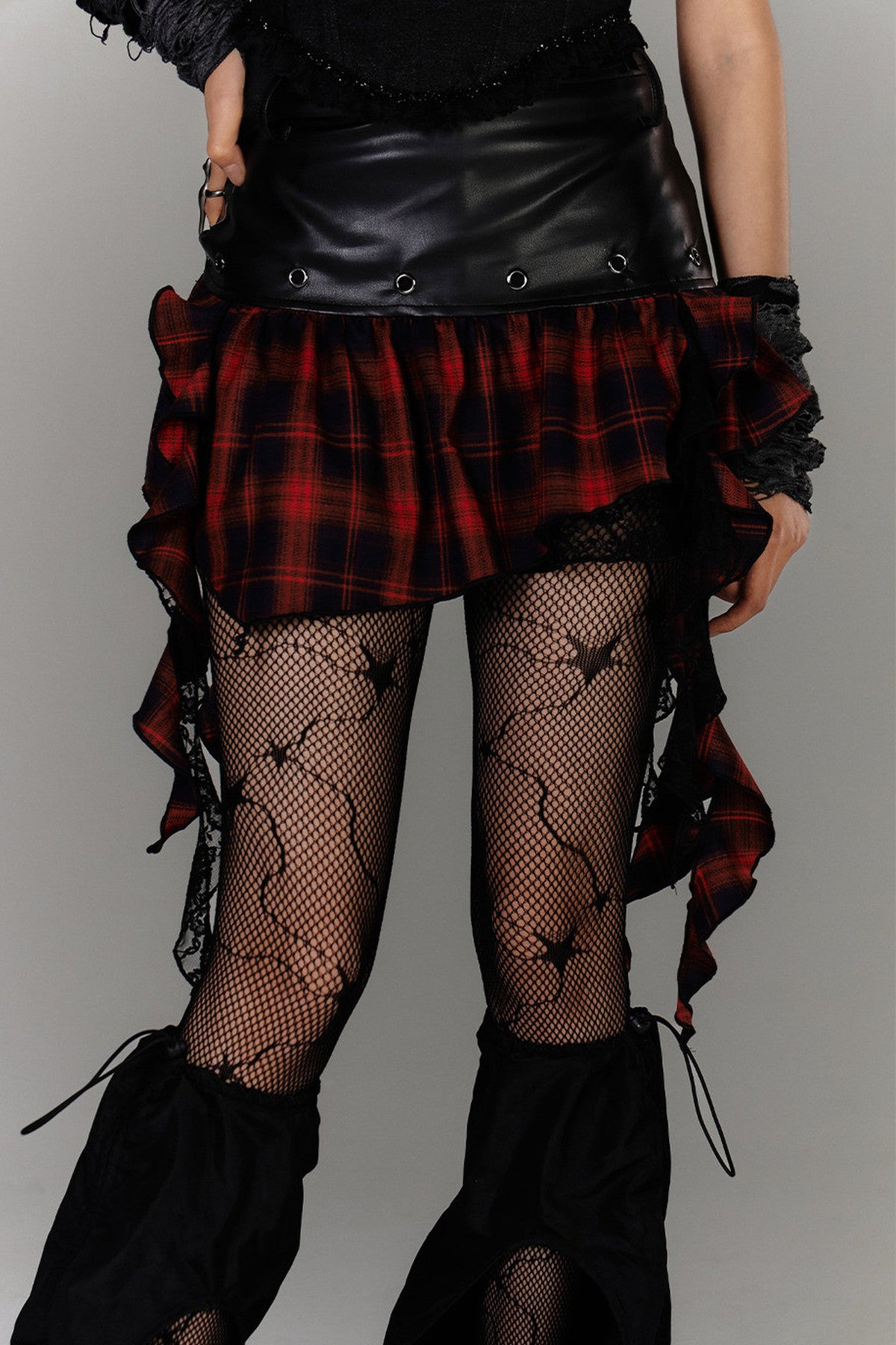 Irregular Hem Ruffle Patchwork Plaid Skirt