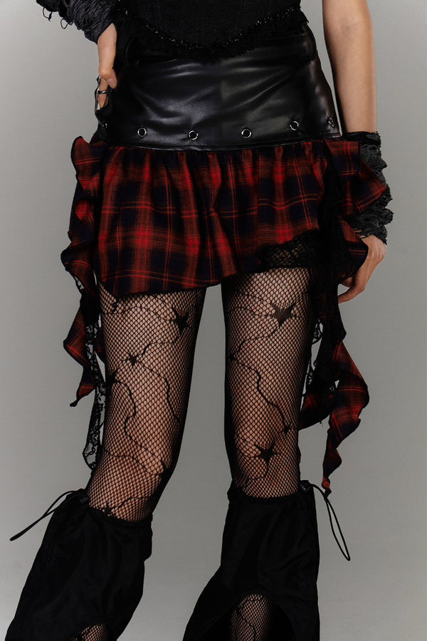 Irregular Hem Ruffle Patchwork Plaid Skirt